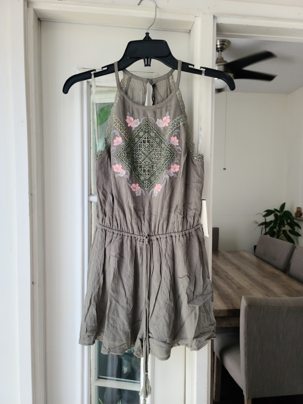 Sleeveless Embroidered Taupe Romper with Pink Floral Accents